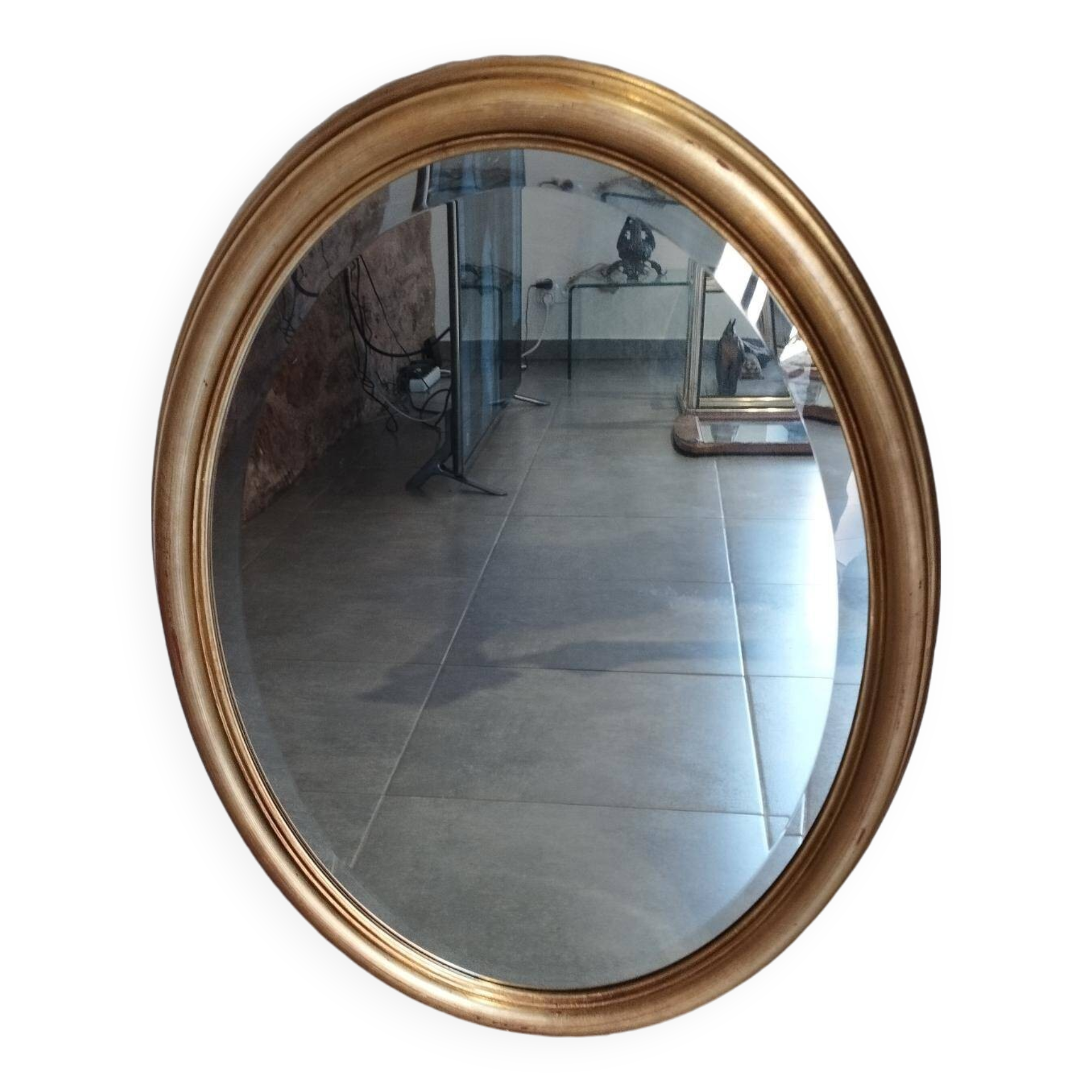 Grand et élégant miroir doré ovale avec sa glace biseauté