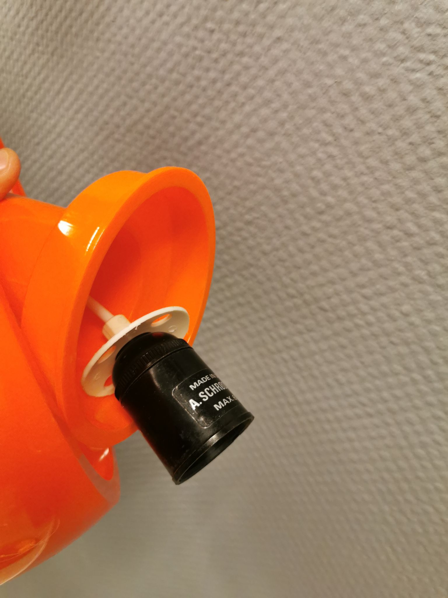 Hanging lamp, designed by Bent Karlby for Schrøder Kemi Denmark 1970s. Made of orange ABS plastic