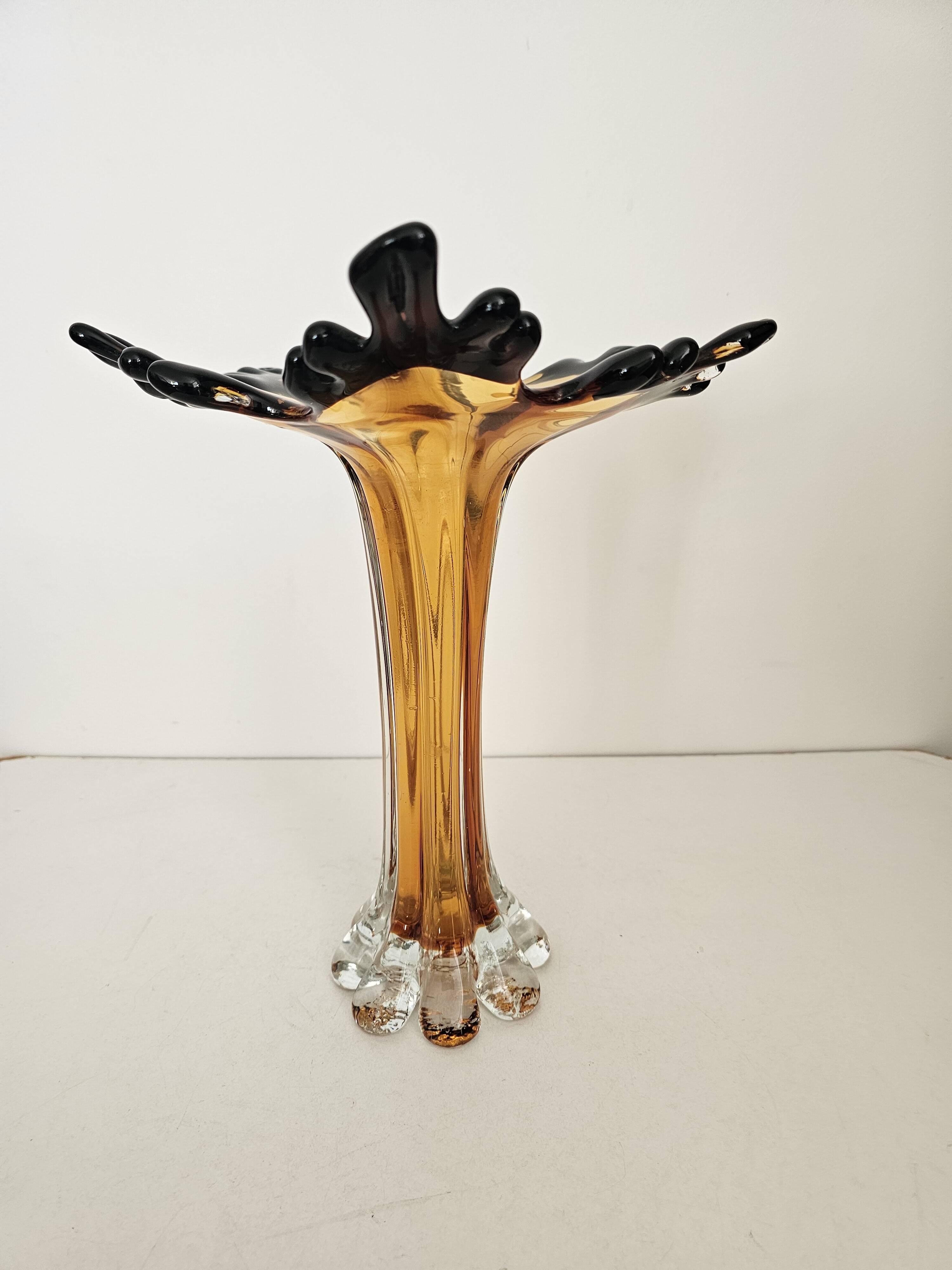 Large vintage amber glass art vase - Height 32cm
