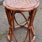 Vintage round stool in bamboo, rattan, and wicker.