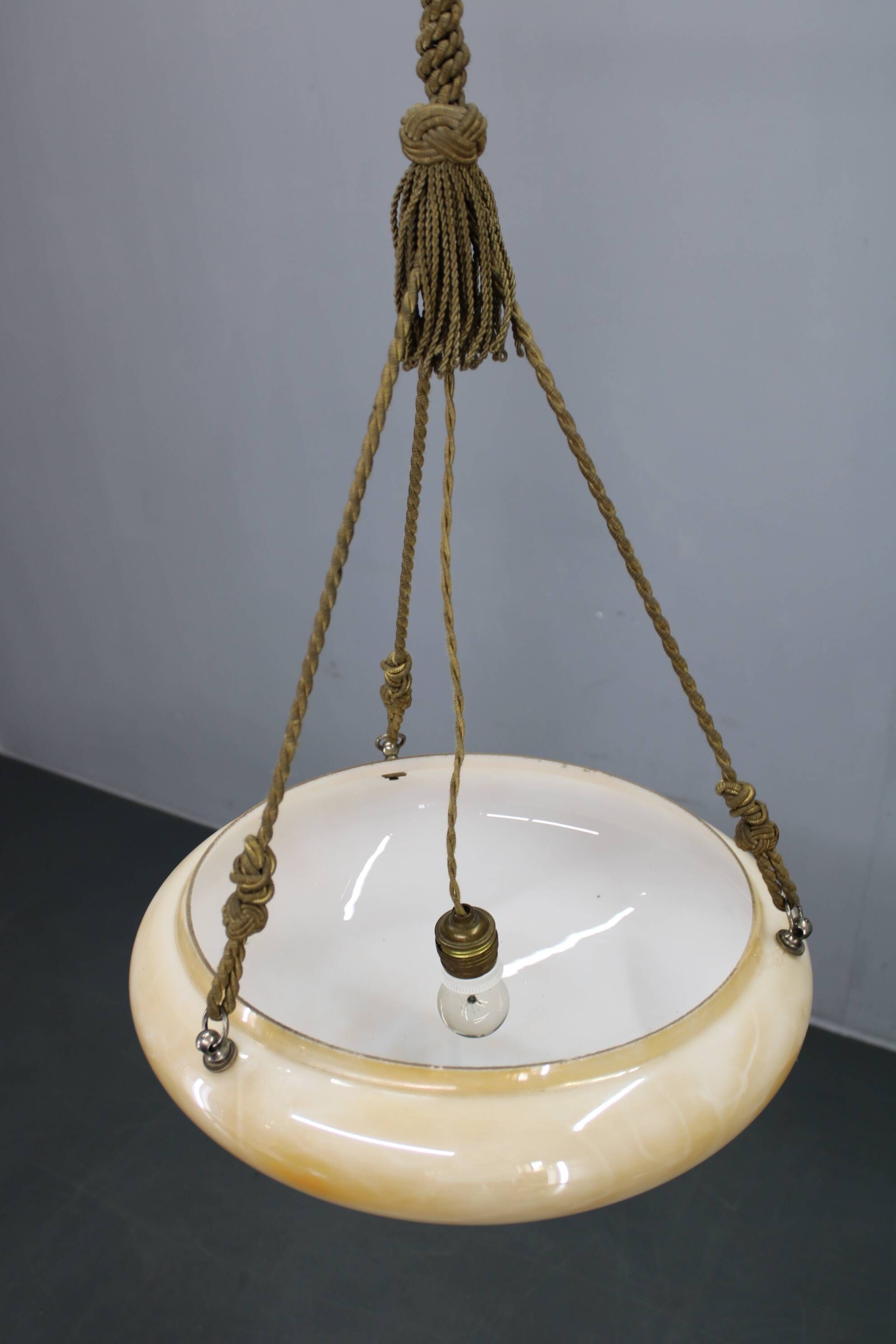1930s European Secession–Art Deco pendant light with rope suspension and glass