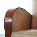 Art Deco design armchair made of cowhide leather in light cognac colour