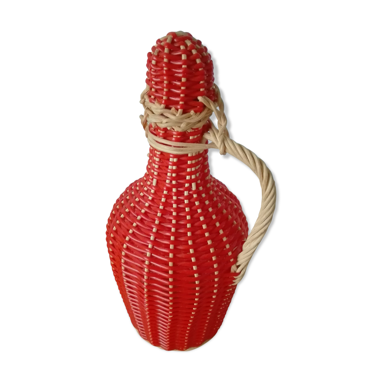 Bottle rattan and red vintage scoubidou
