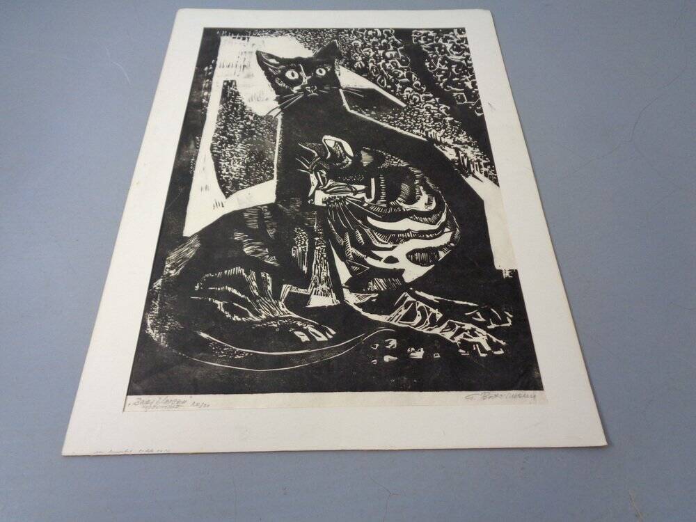 Gerhart Bettermann, 2 Cats, 1980s, Woodcut
