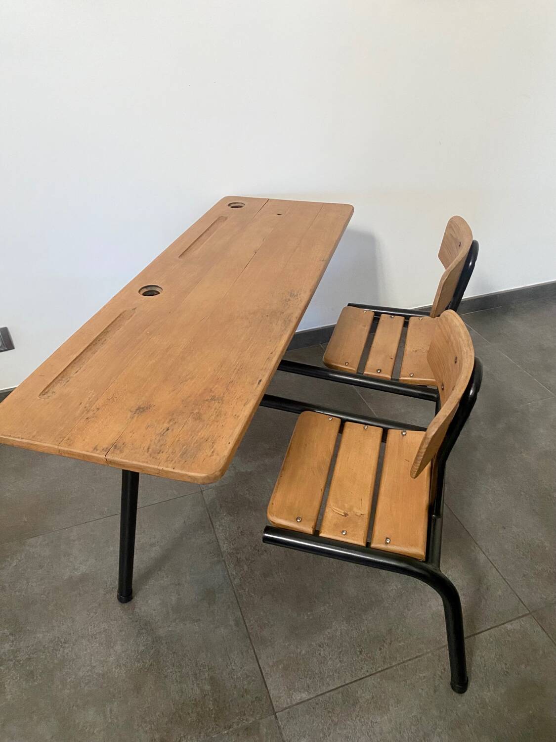 Vintage double school desk, refurbished in black and wood