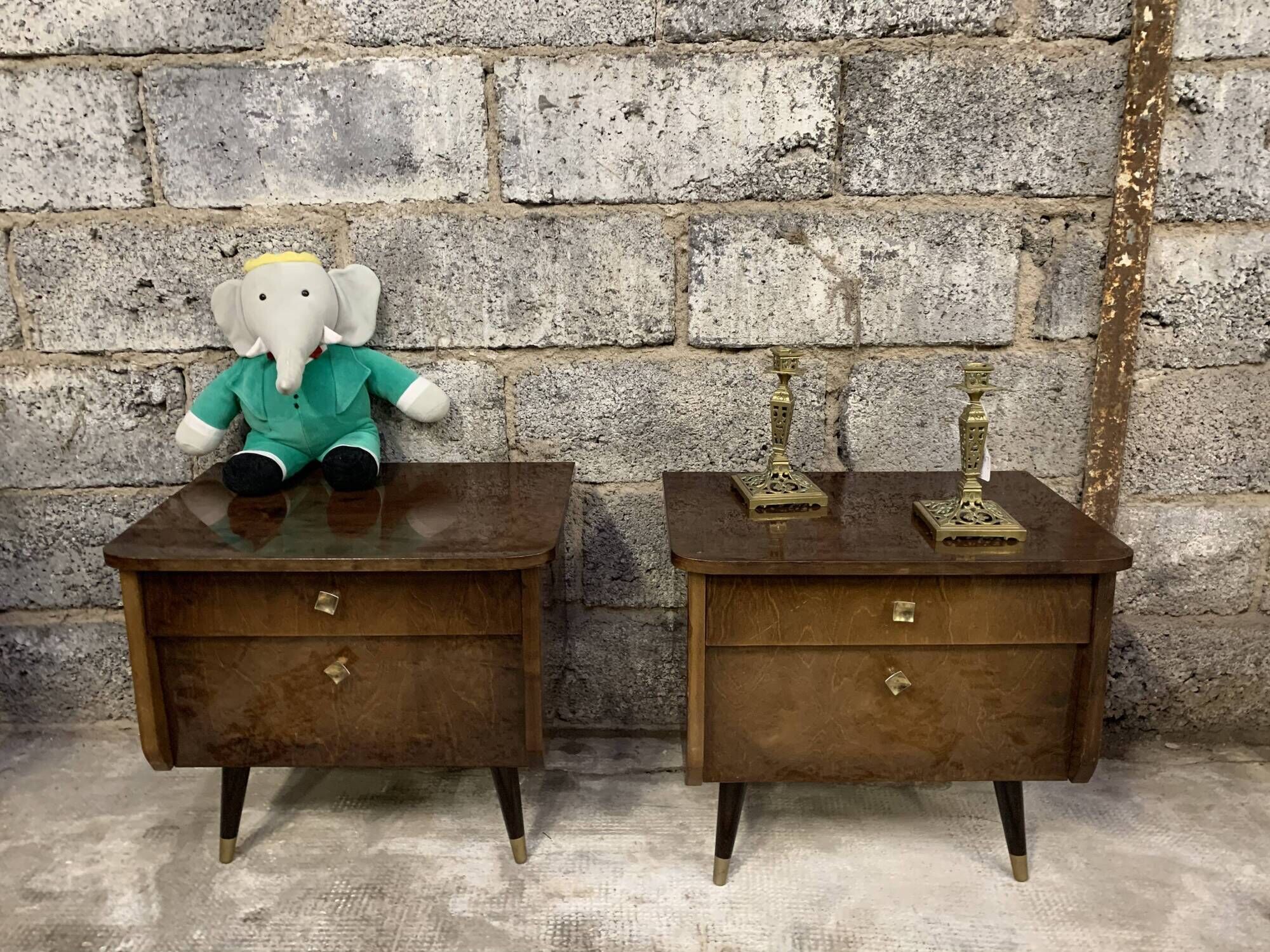 Pair of night tables feet compass bedside end of vintage sofa old 1950 1960 retro