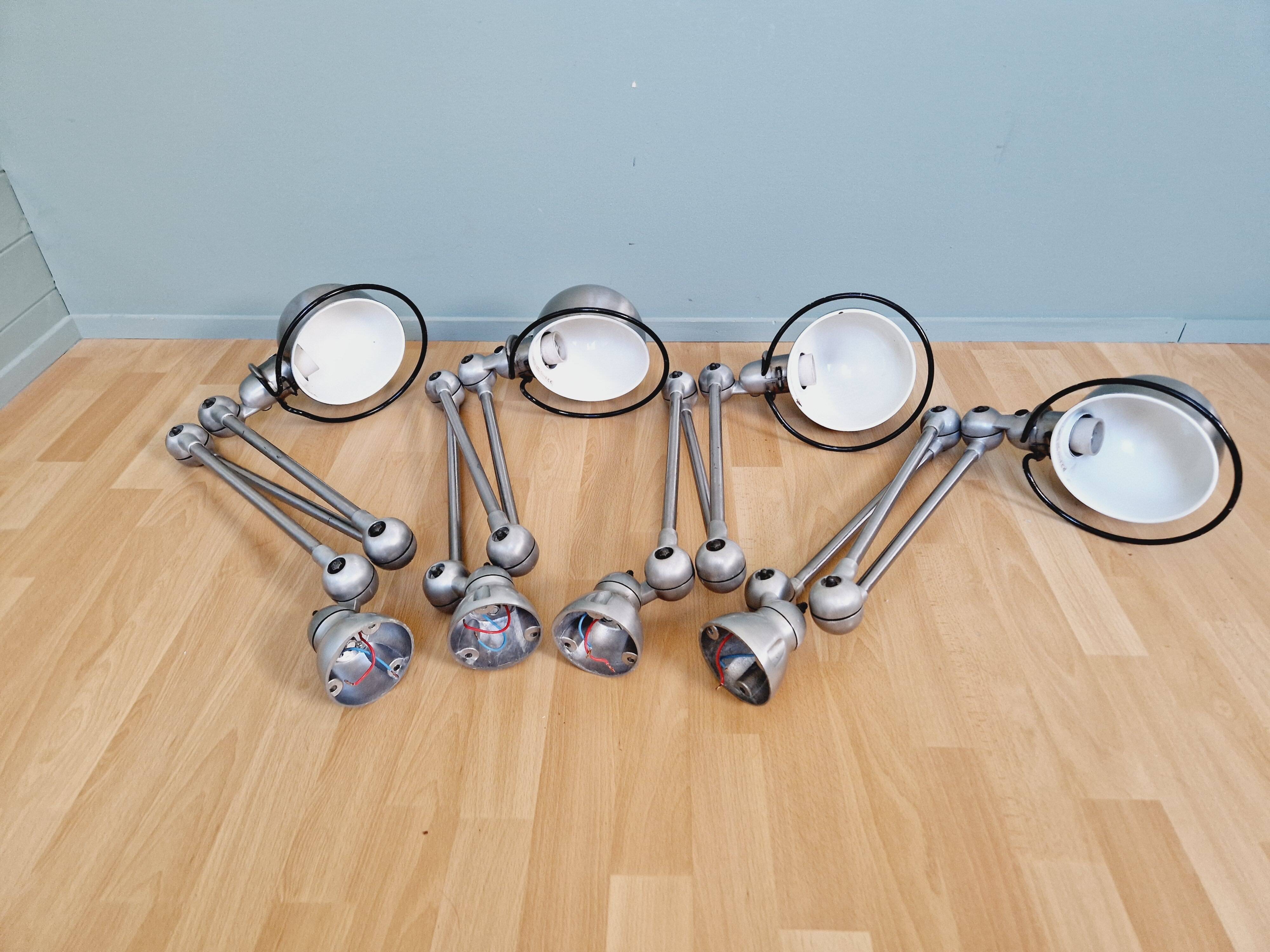 Set of 4 Jieldé industrial lamps in brushed steel, 3 arms