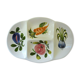 Italian earthenware dish with compartments and hand-painted vegetable decoration