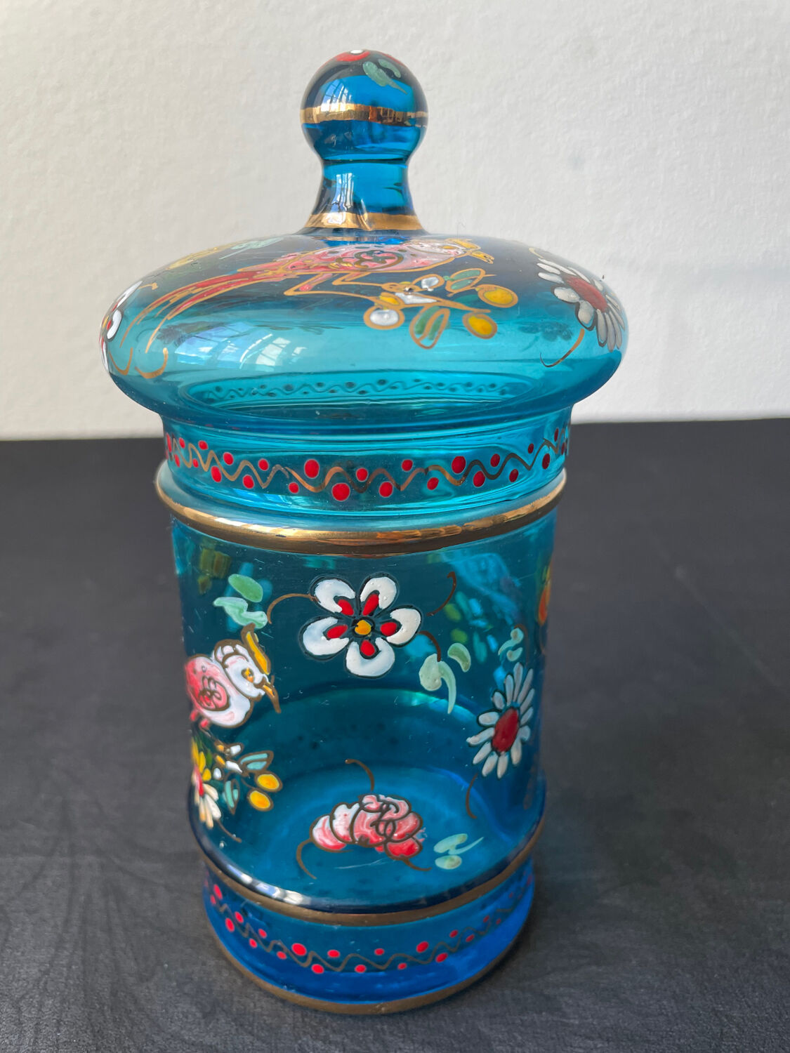 Hand-painted blue glass pot flowers and birds