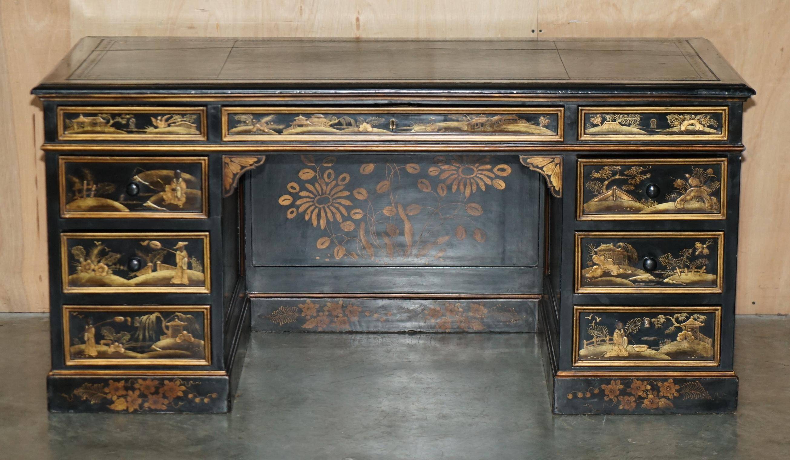 Chinese Bureau Chinoiserie 19th Century Napoleonic Leather
