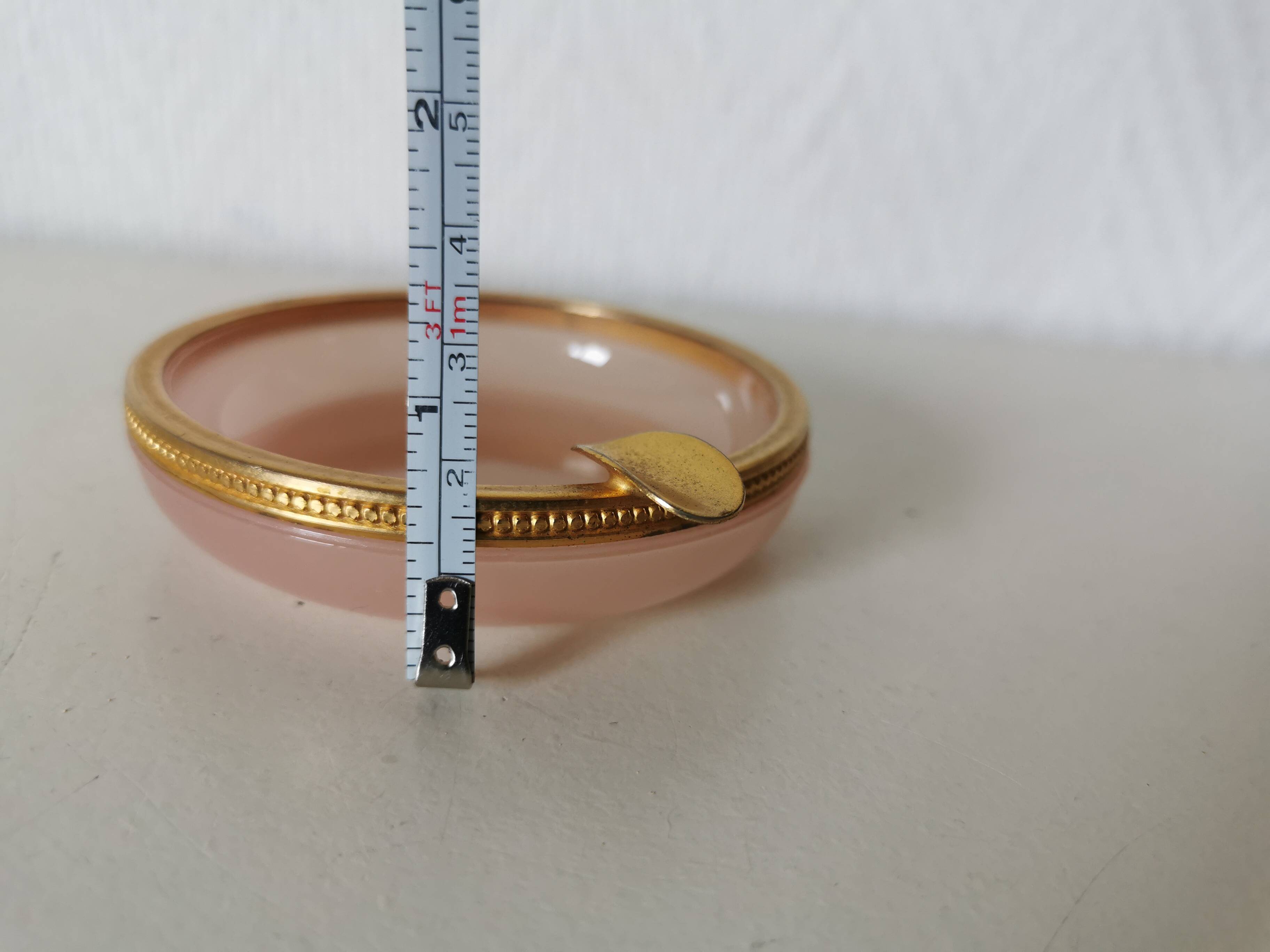 ashtray, pink opaline pocket emptier, gold metal rim, 70s, vintage Italian