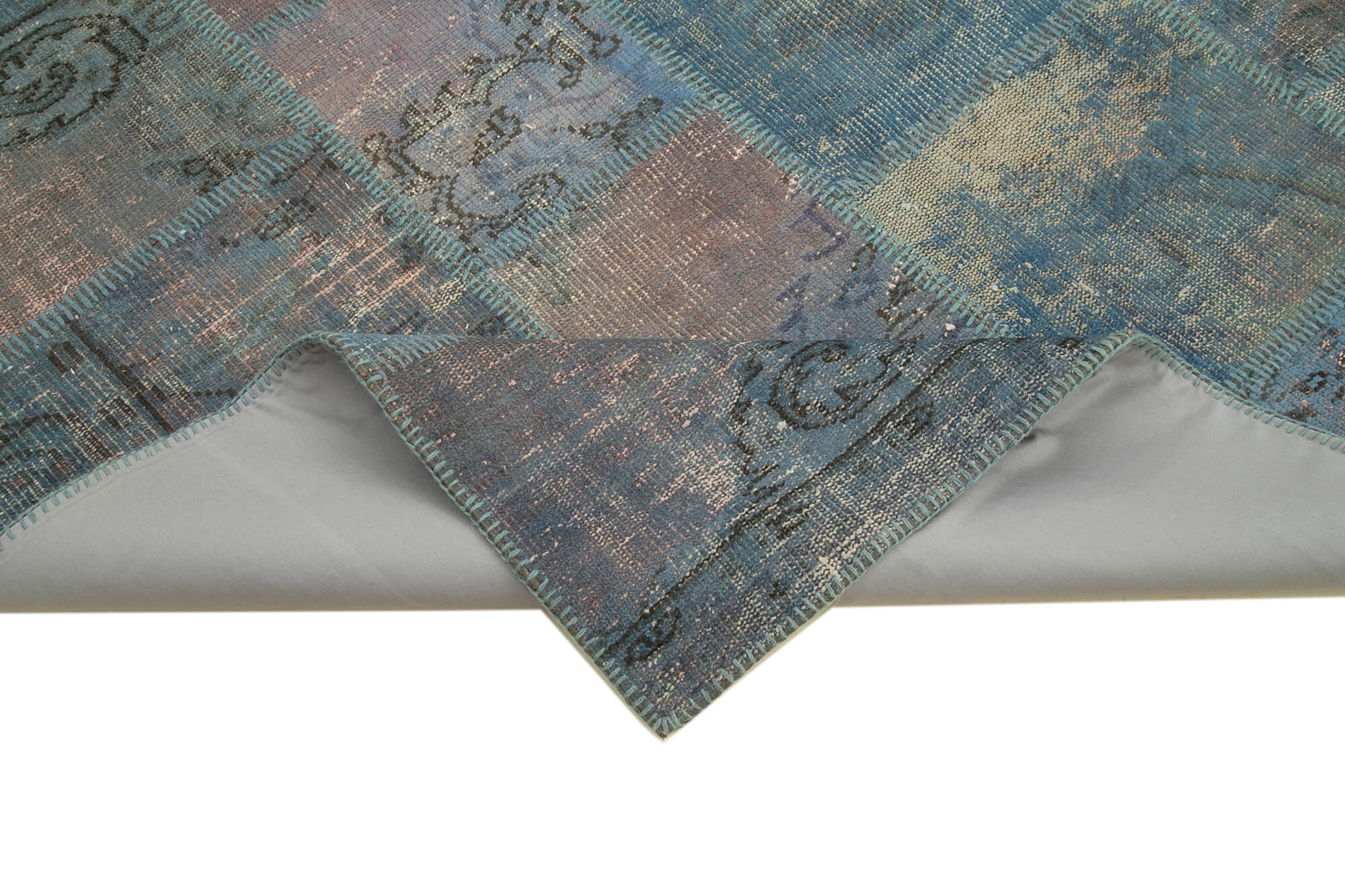 Hand-knotted anatolian contemporary 177 cm x 247 cm blue patchwork carpet