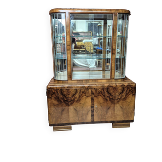 Museum Quality Art Deco Walnut Display Cabinet with Beveled Glass Slats