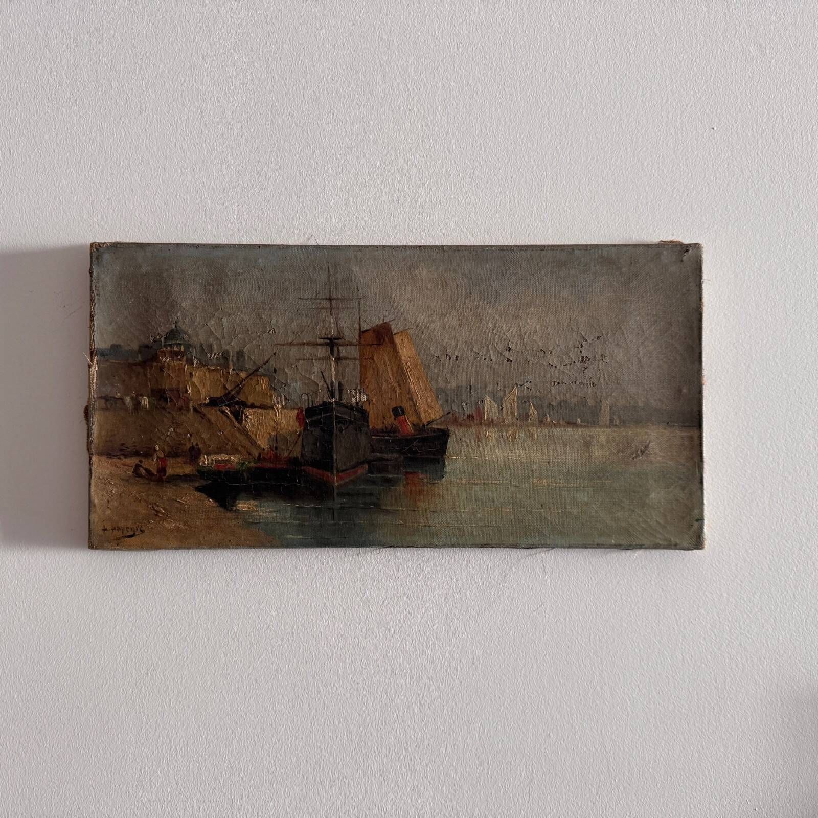 Oil on canvas depicting a boat at the quayside in the late 19th century by H. Hapeyre