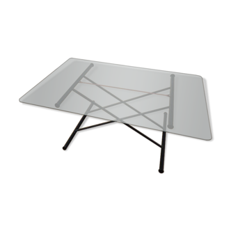 Table basse de salle à manger de bureau italienne avec plateau en verre et pieds en métal réglables en hauteur