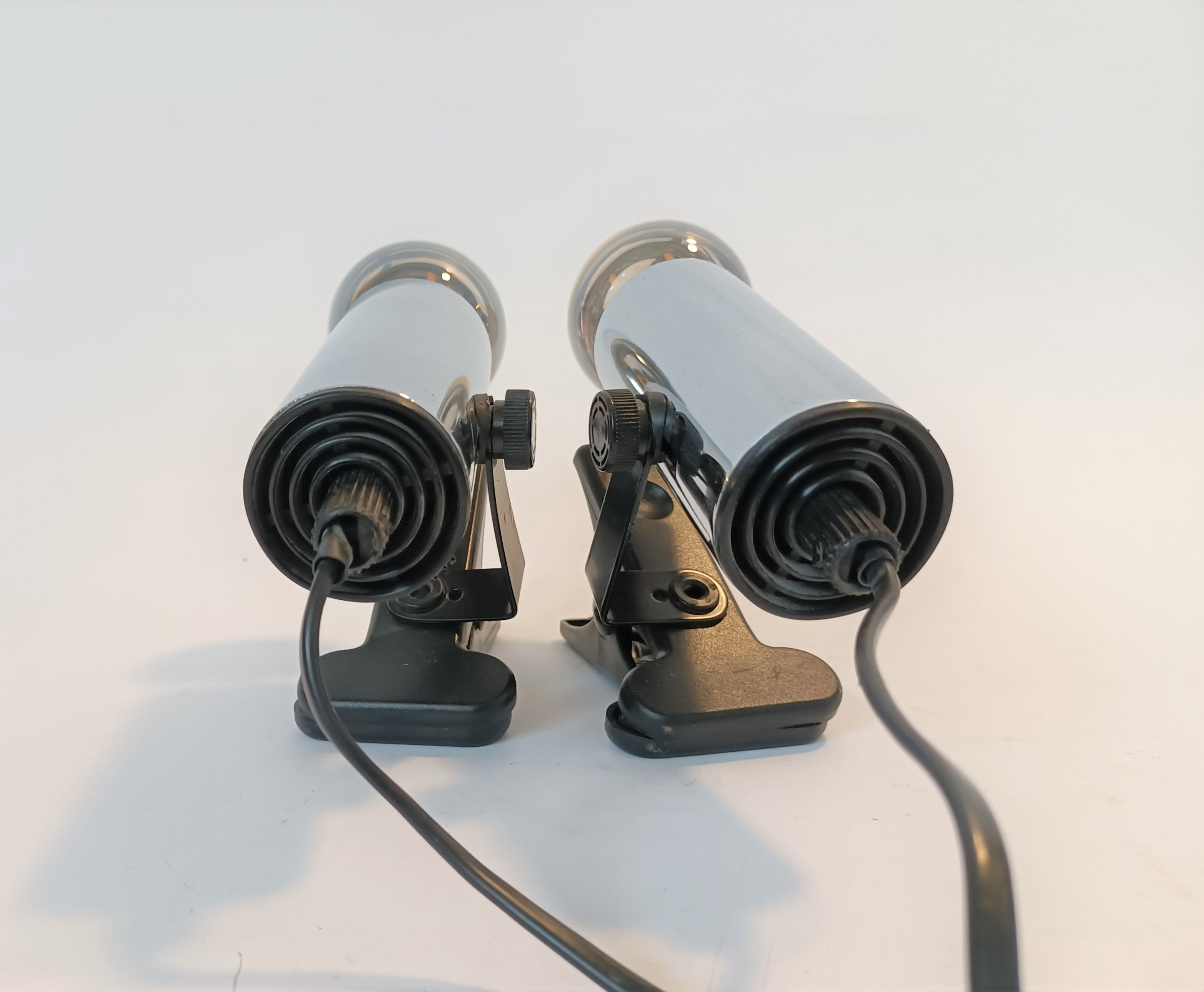 Pair of Targetti clamp spotlights in chrome metal 1970