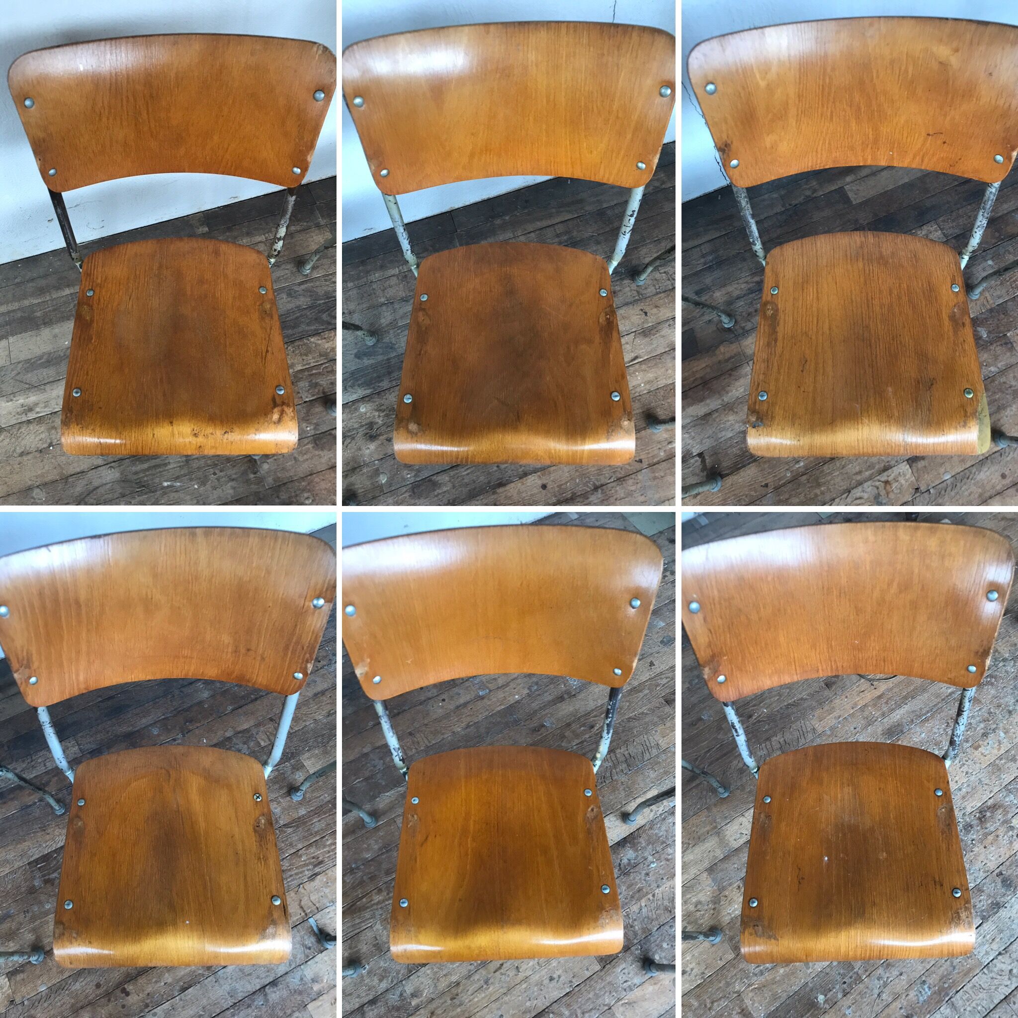 Series of 6 vintage industrial school chairs stackable 1950 thermophorized seating