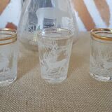 Decanter and 3 shot glasses sandblasted glass