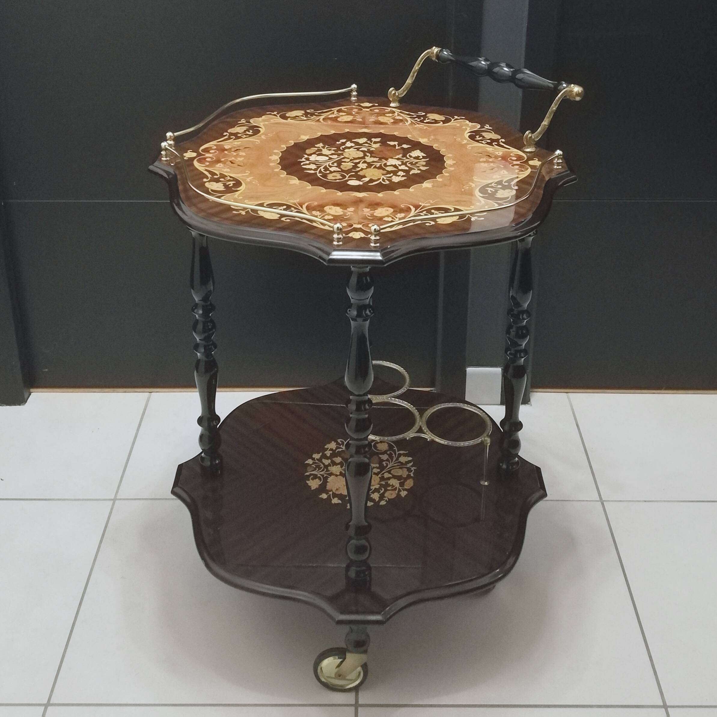 Marquetry trolley on wheels
