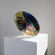 Multicolored hand-painted ceramic wall plate with 1960s Italian fruit motif, signed Stile