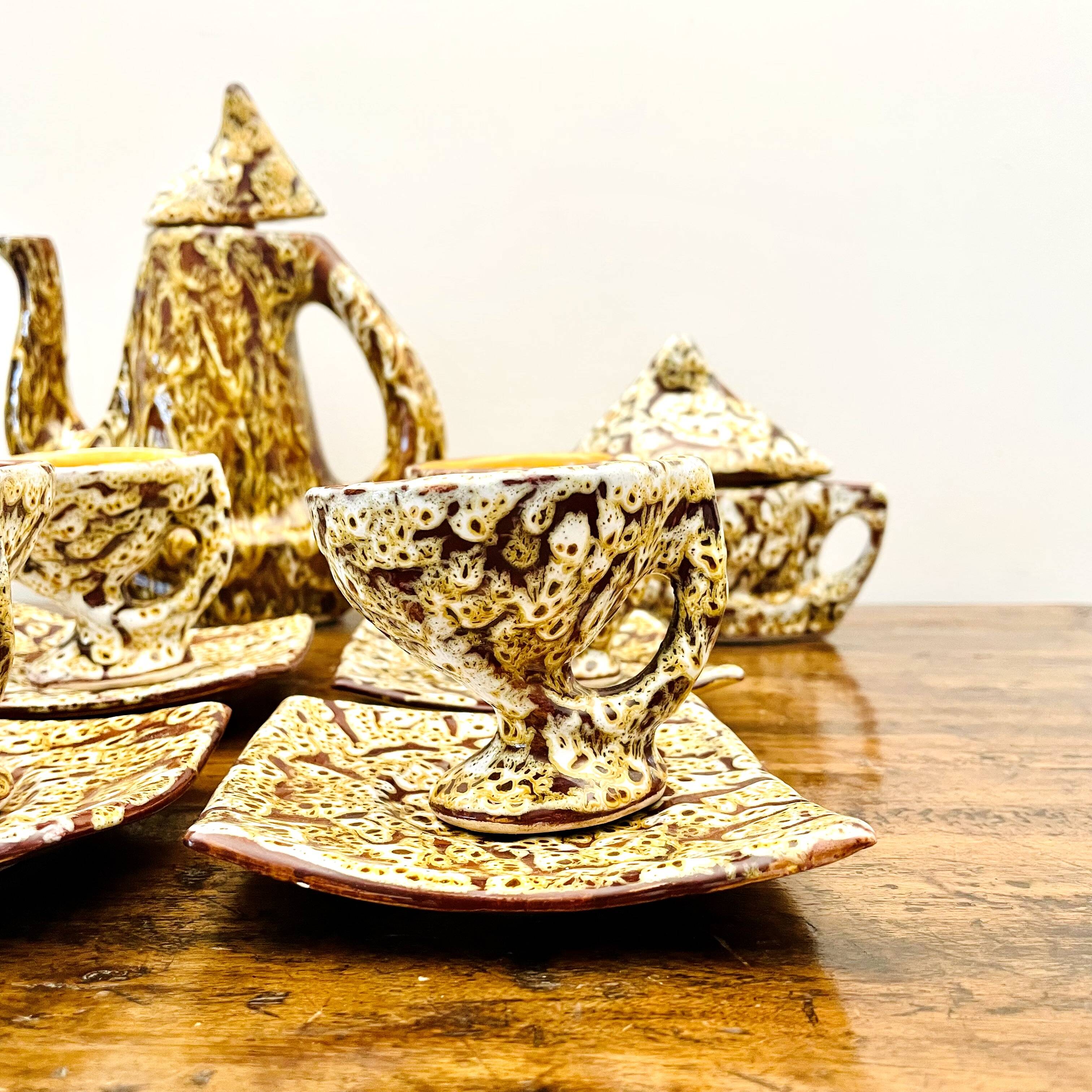 Rare Vallauris ceramic coffee service Sculptural design and u enamel
