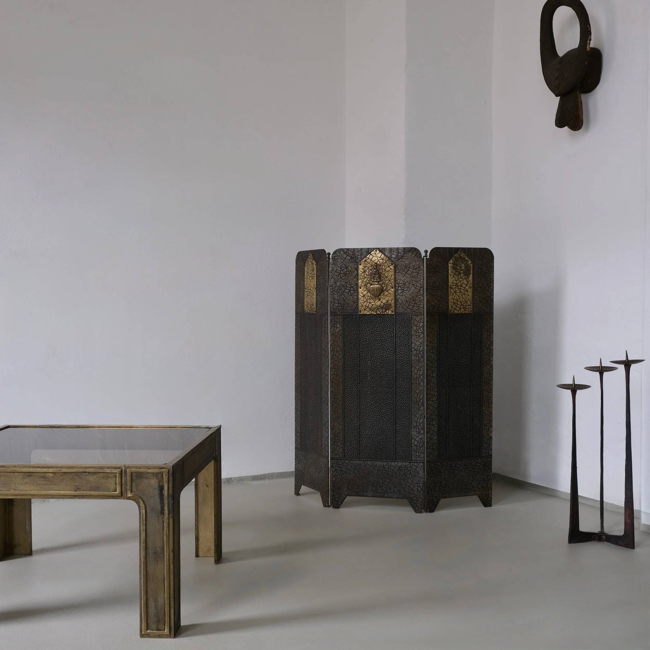 Brutalist bronze and glass square coffee table | 1970s