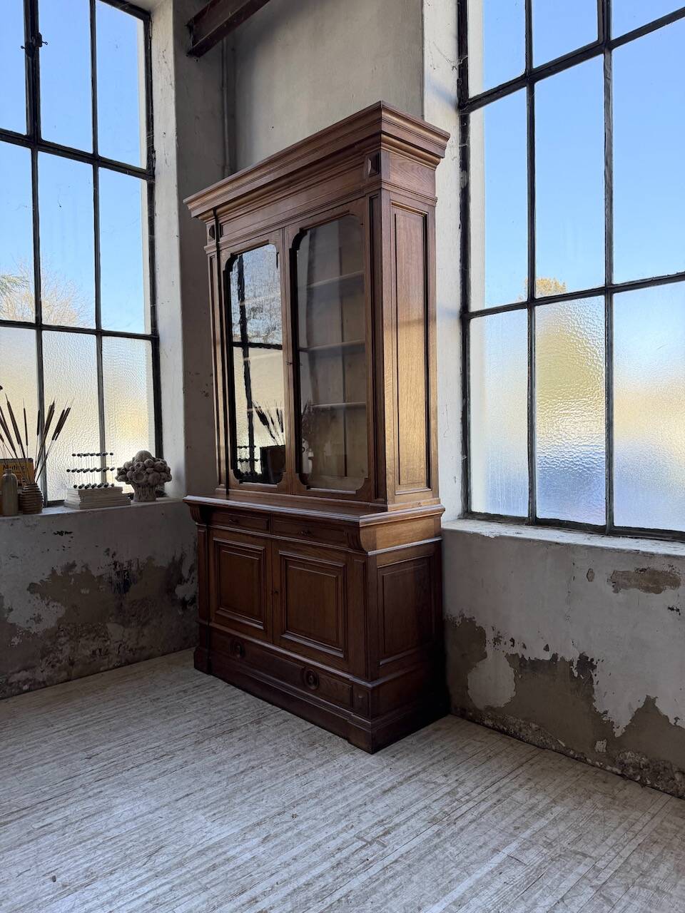 Antique XL Napoleonic oak glass bookcase, 19th century