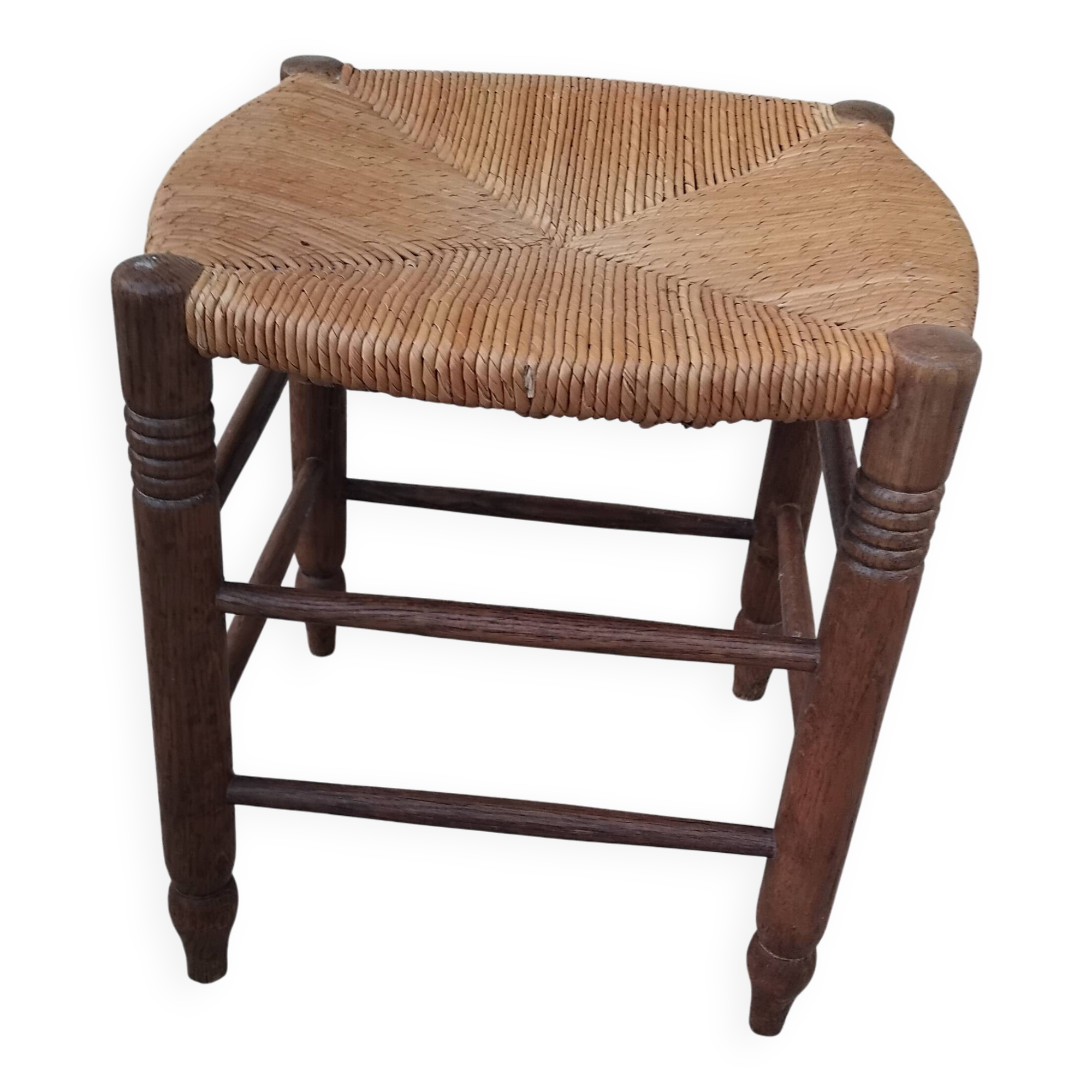 Vintage low stool with straw seat