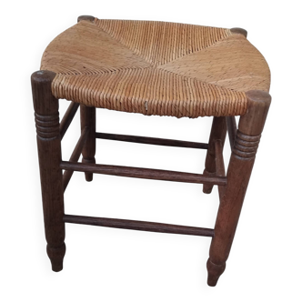 Vintage low stool with straw seat