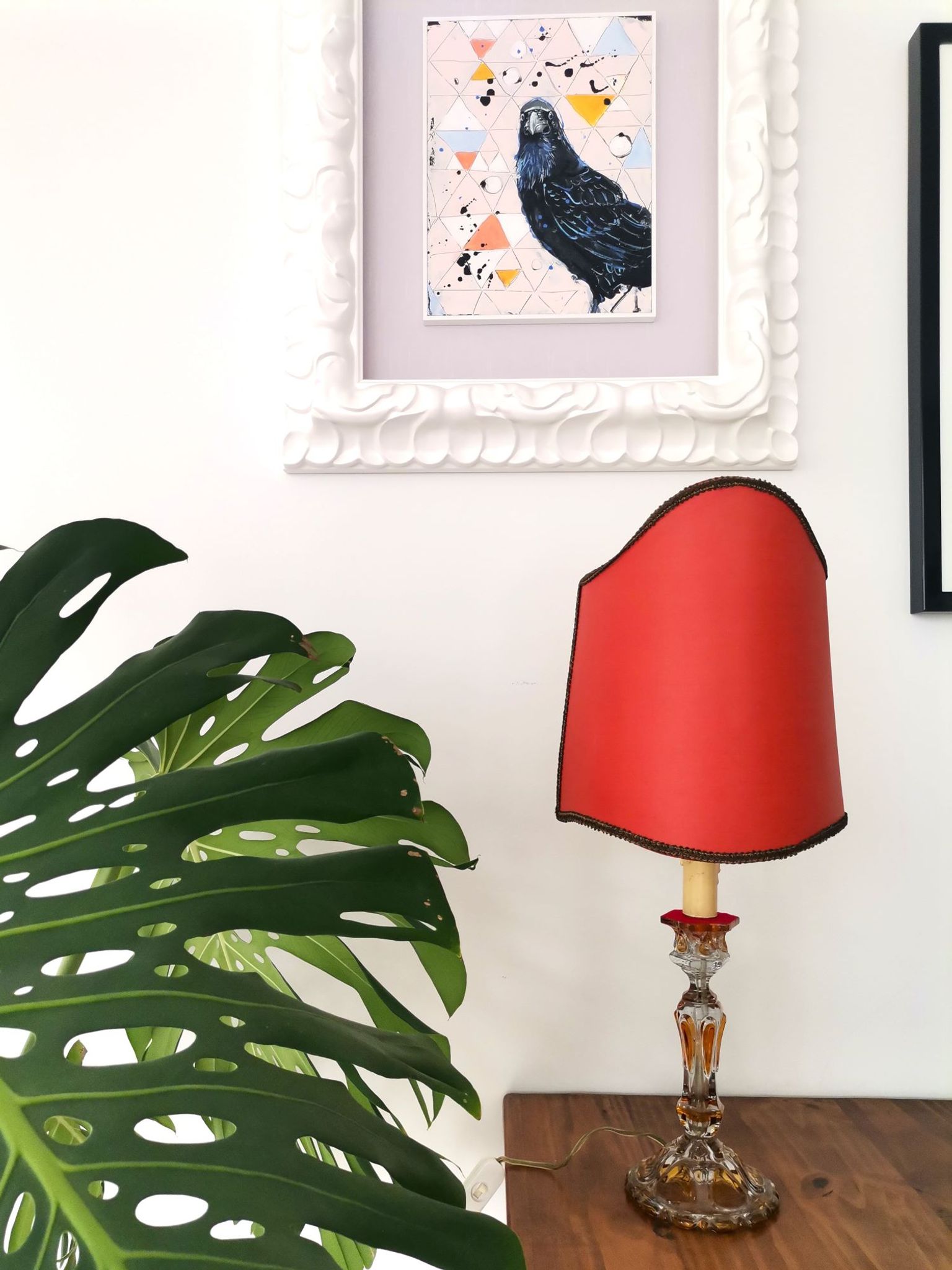 French Art Nouveau Crystal Red Silk Half Shade Table Lamp, 1940s