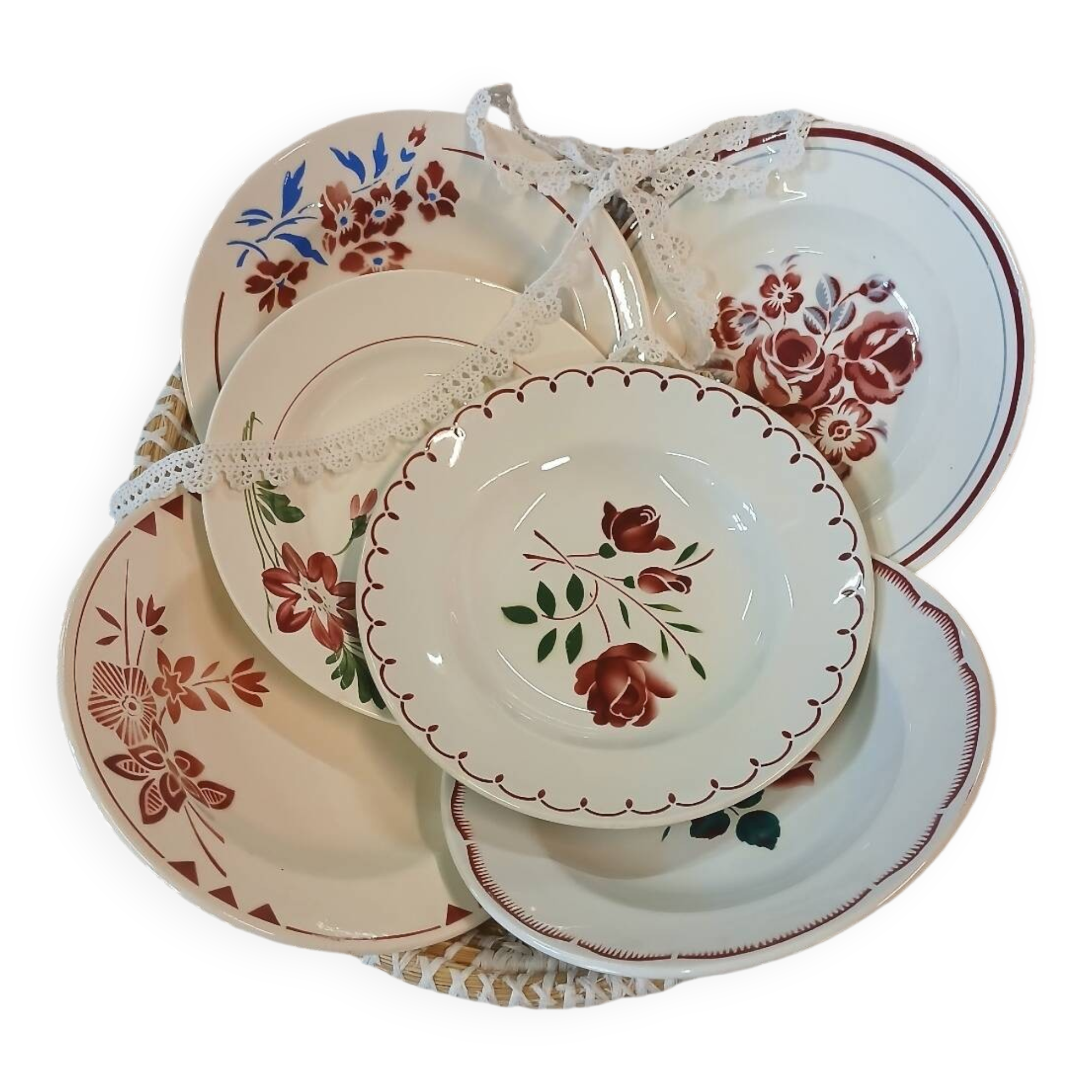 6 mismatched antique soup plates