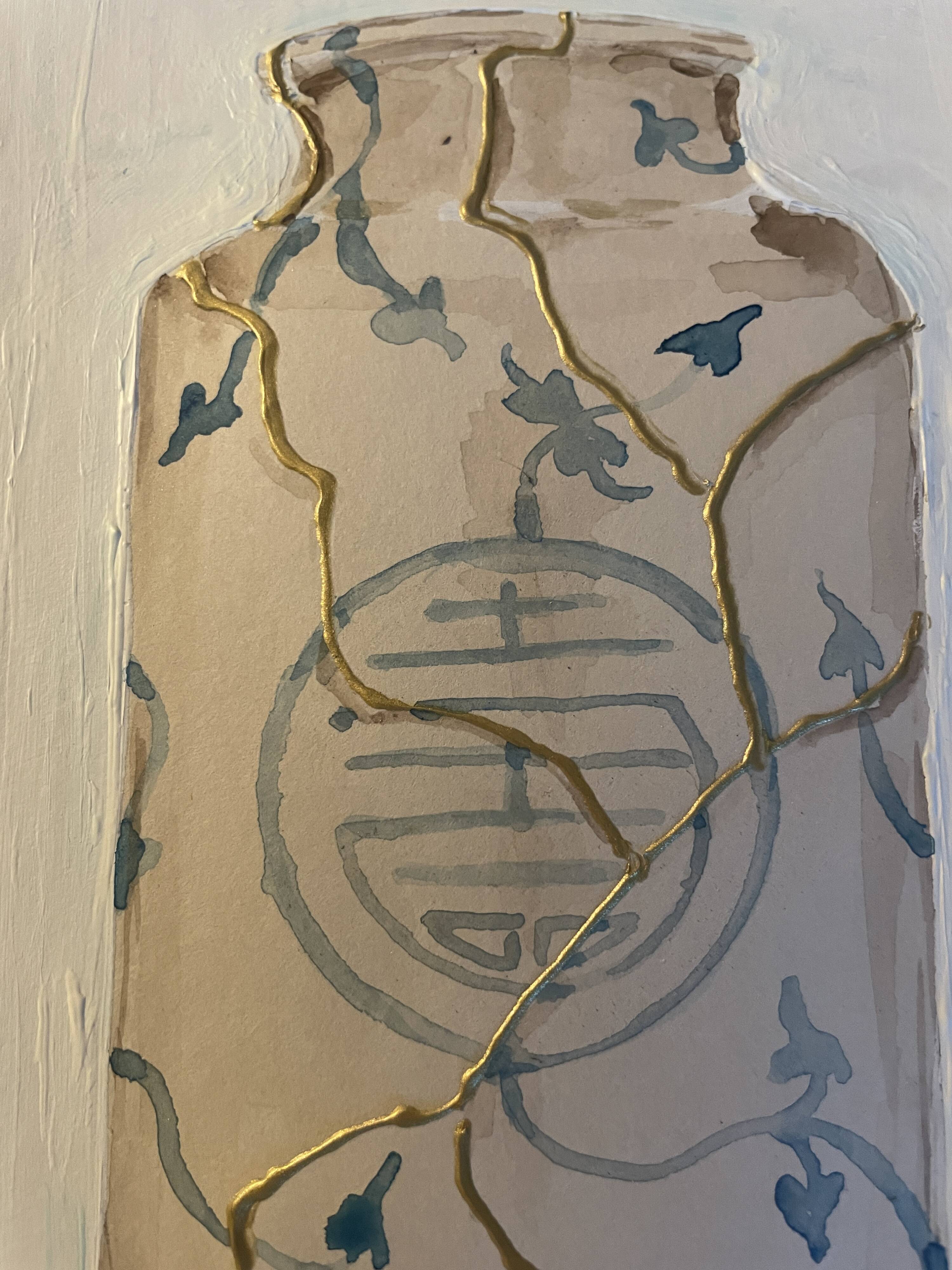 Painting signed “Japanese Kintsugi vase” mixed media + iridescent gold
