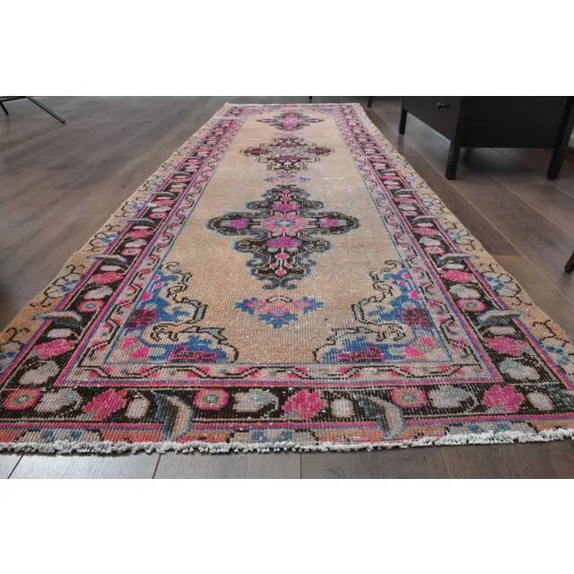 1970s Vintage Turkish Oushak Handmade Wool Cotton Orange Runner Rug 107x319