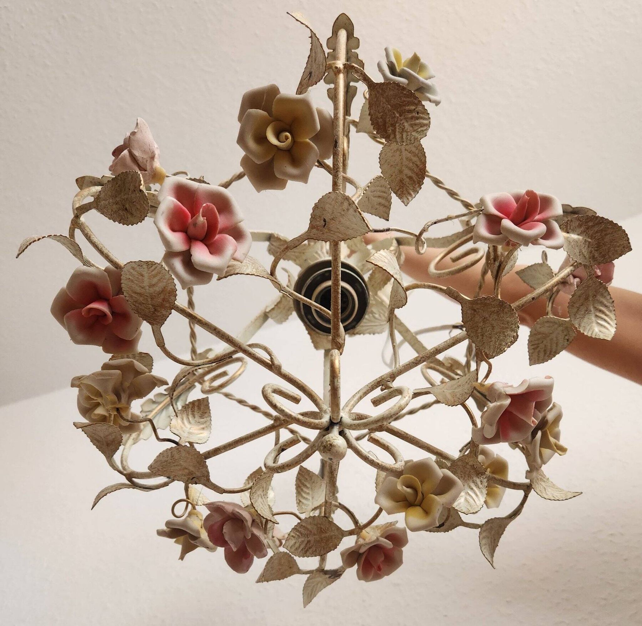 Hand-forged vintage pendant lamp with porcelain roses, Denz Neheim Hüsten