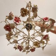Hand-forged vintage pendant lamp with porcelain roses, Denz Neheim Hüsten