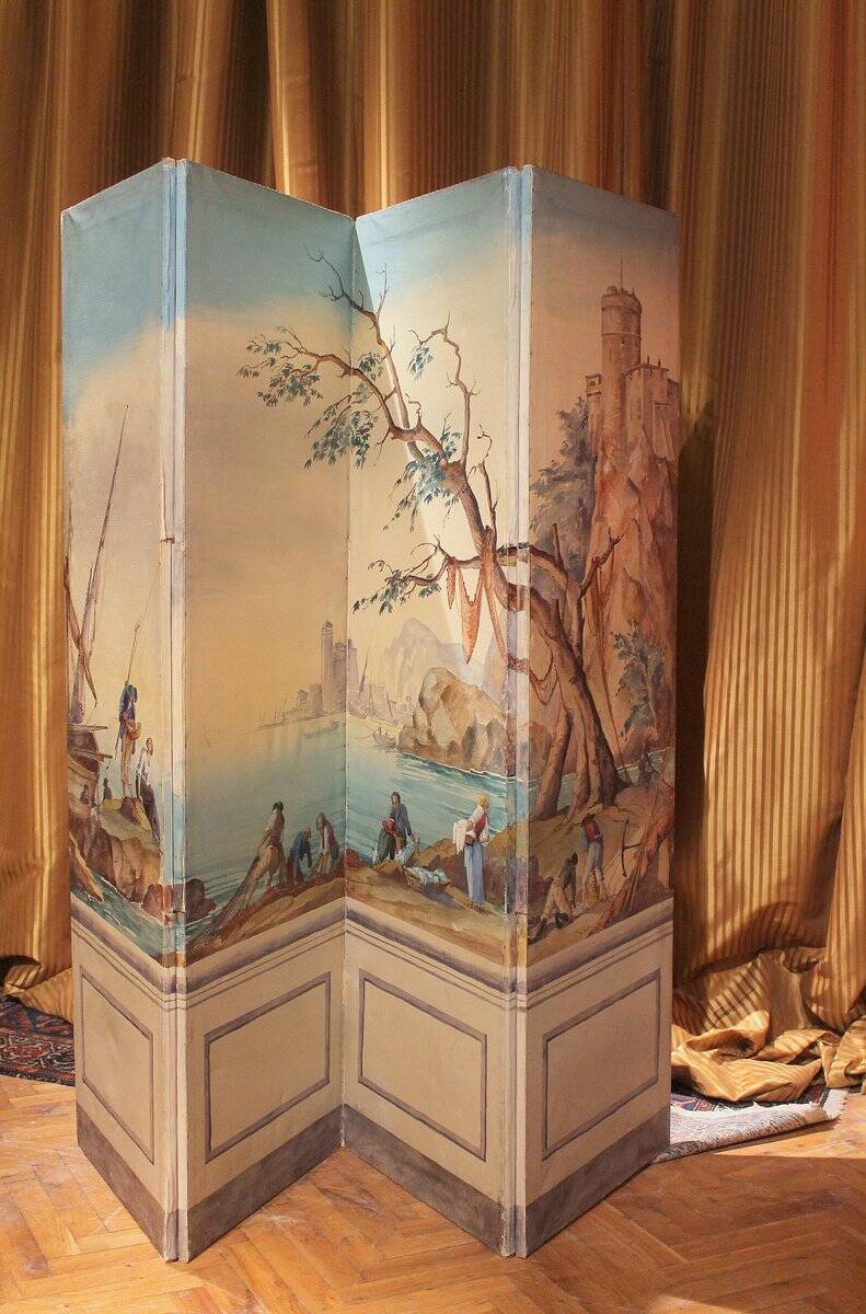 Early 20th Century French Tempera on Canvas Folding Screen with Seascape View