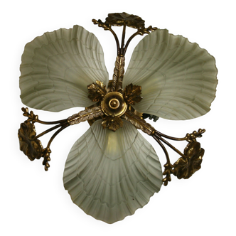 Lustre plafonnier en pâte de verre dépoli  et bronze