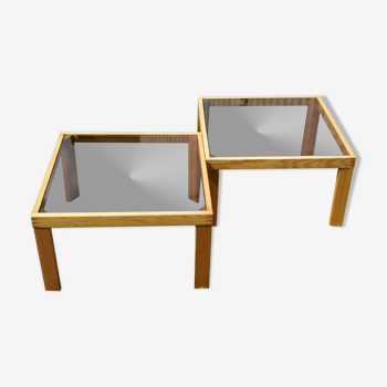 Pair of wood/smoked glass square coffee table