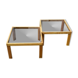 Pair of wood/smoked glass square coffee table