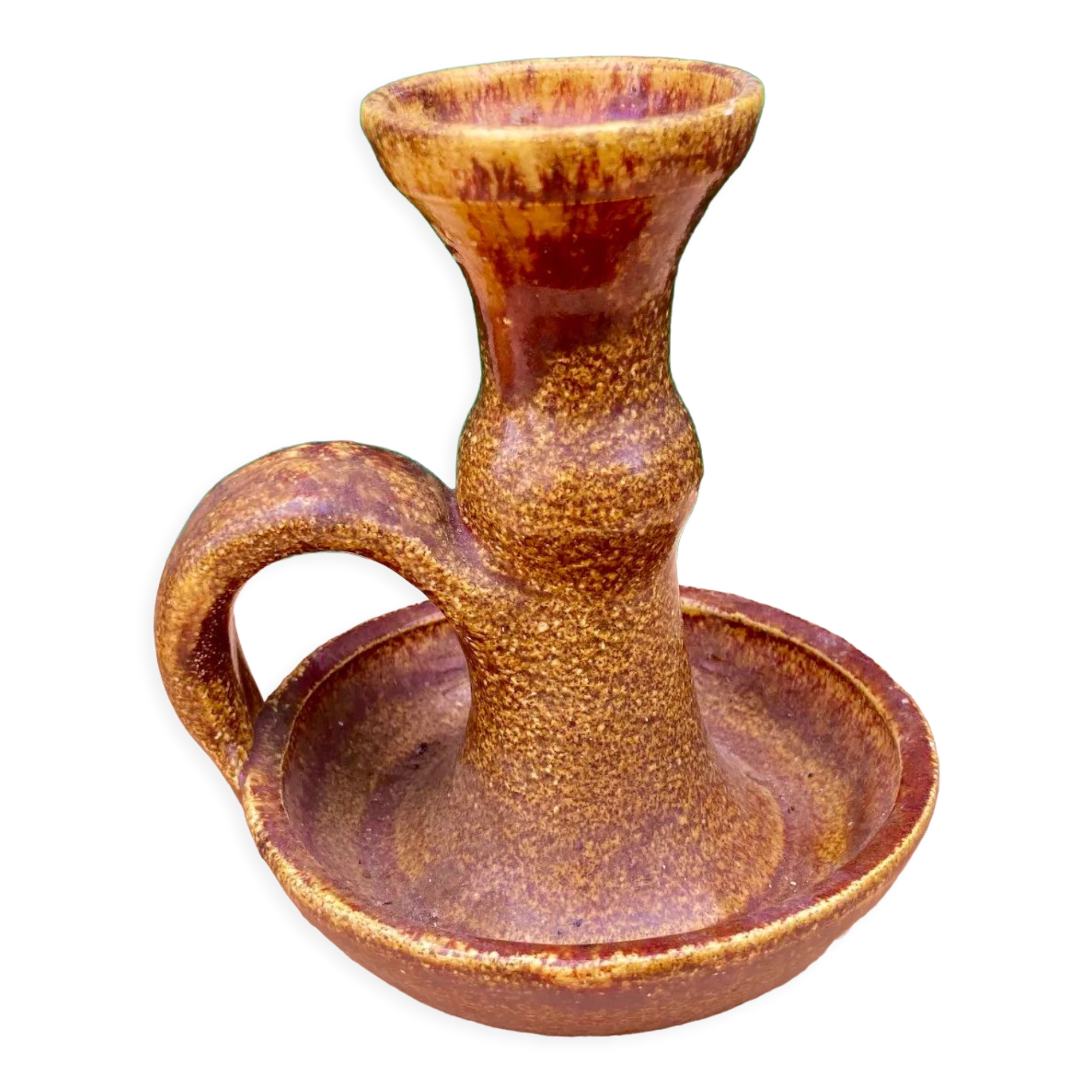 Candle holder in old earthenware signed by the 2 glued aa of the Accolay factory