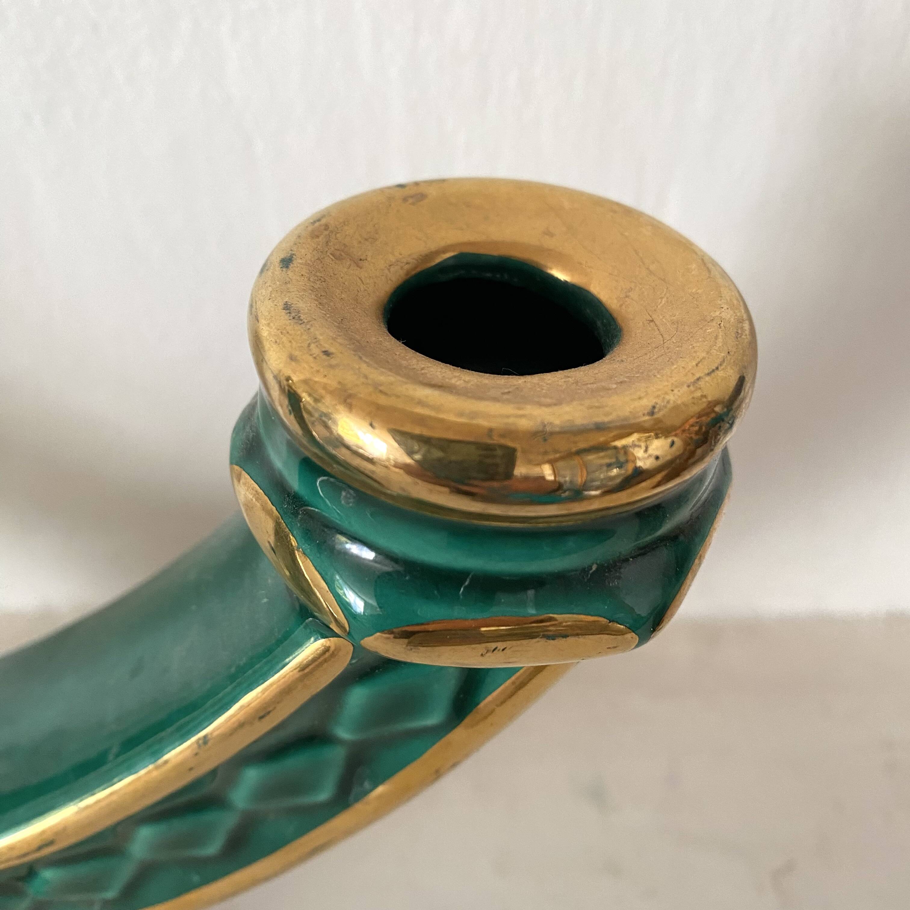 Bougeoir double art déco vert et or