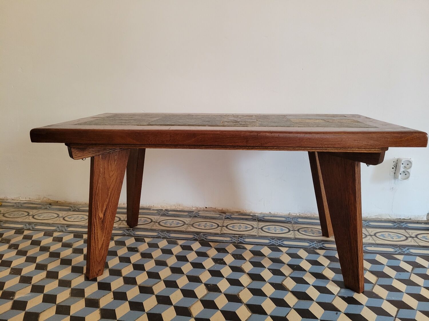 Brutalist coffee table wood and slate