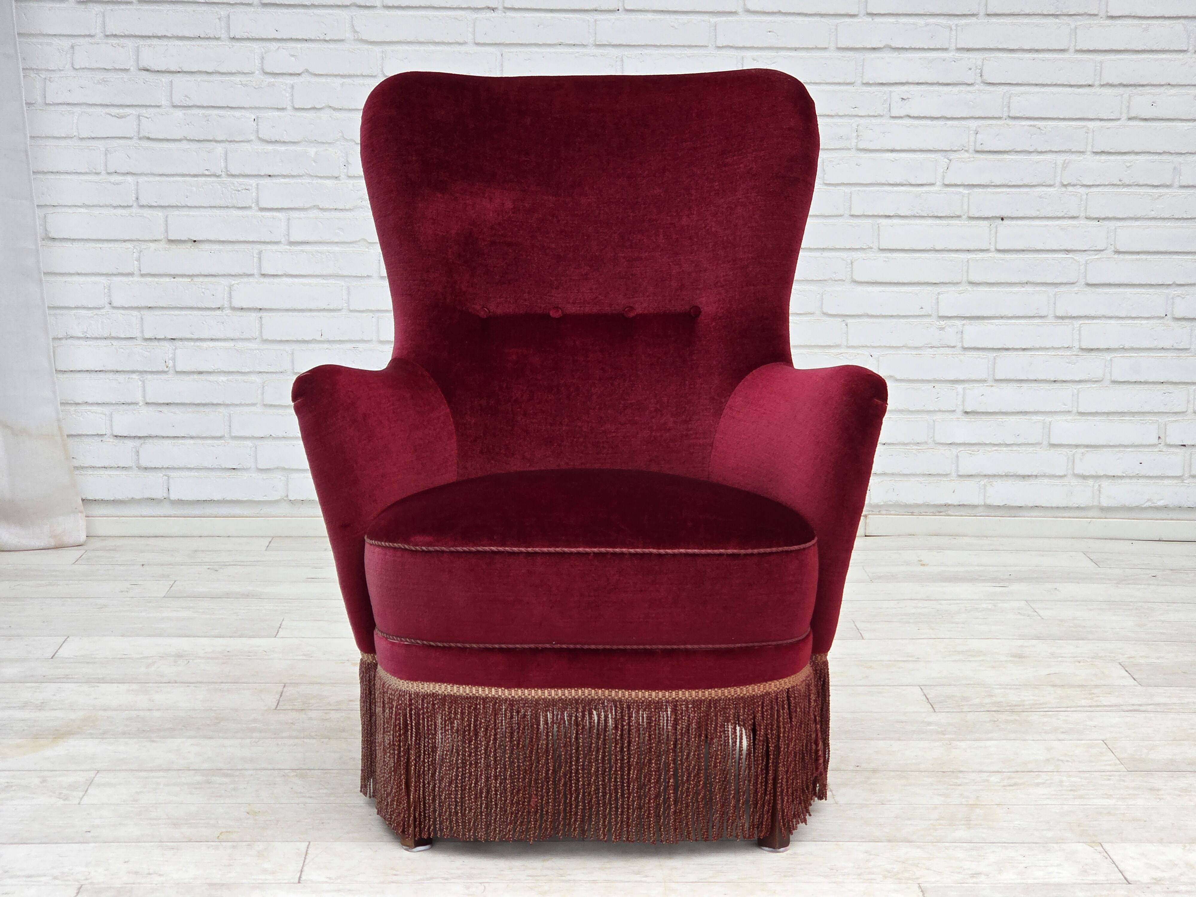 1970s, Danish highback armchair, red furniture velour, beech wood.