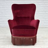 1970s, Danish highback armchair, red furniture velour, beech wood.