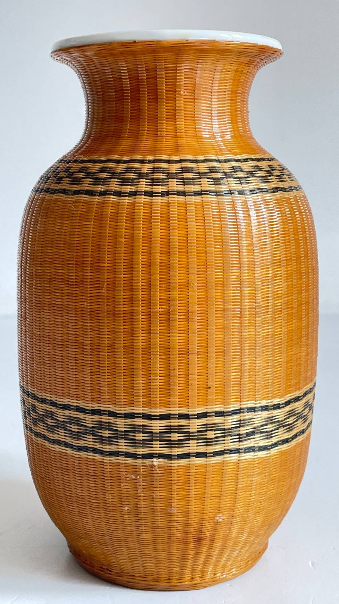VINTAGE Woven Bamboo and Fine Porcelain VASE