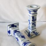 Set of 2 ceramic candle holders in white blue floral pattern