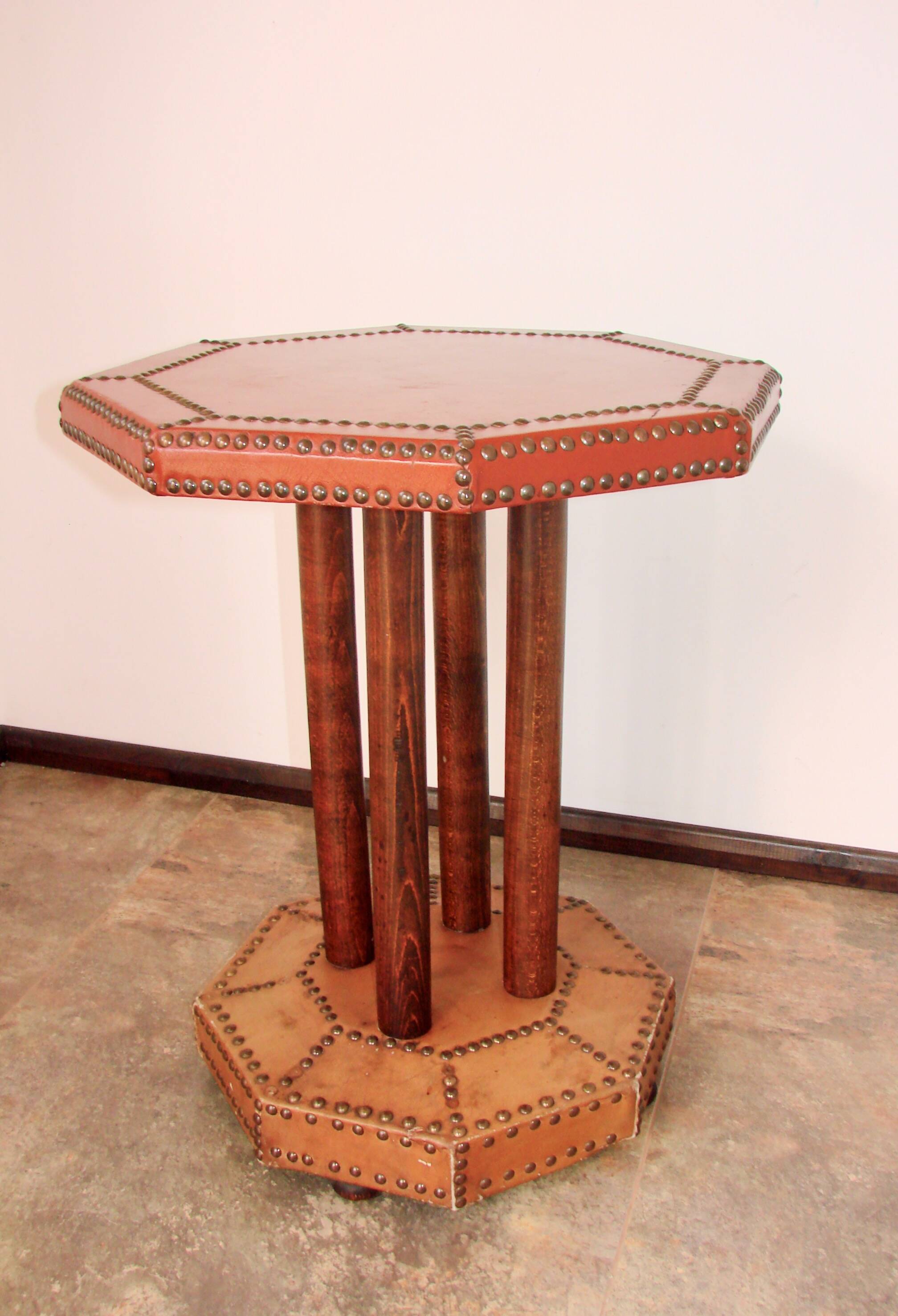 Coffee table, 1920s, beech wood and leather, vintage