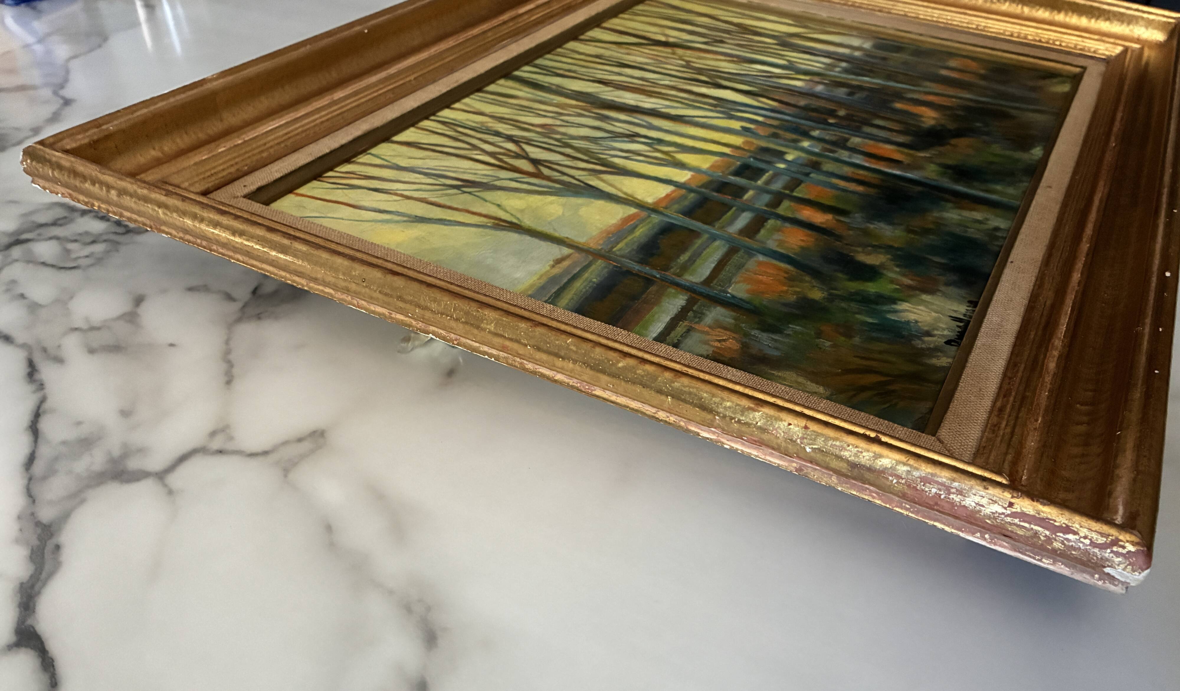 Tableau très ancien sous bois au coucher de soleil