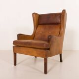 Fauteuil danois vintage en cuir de buffle, style Børge Mogensen, années 1960.