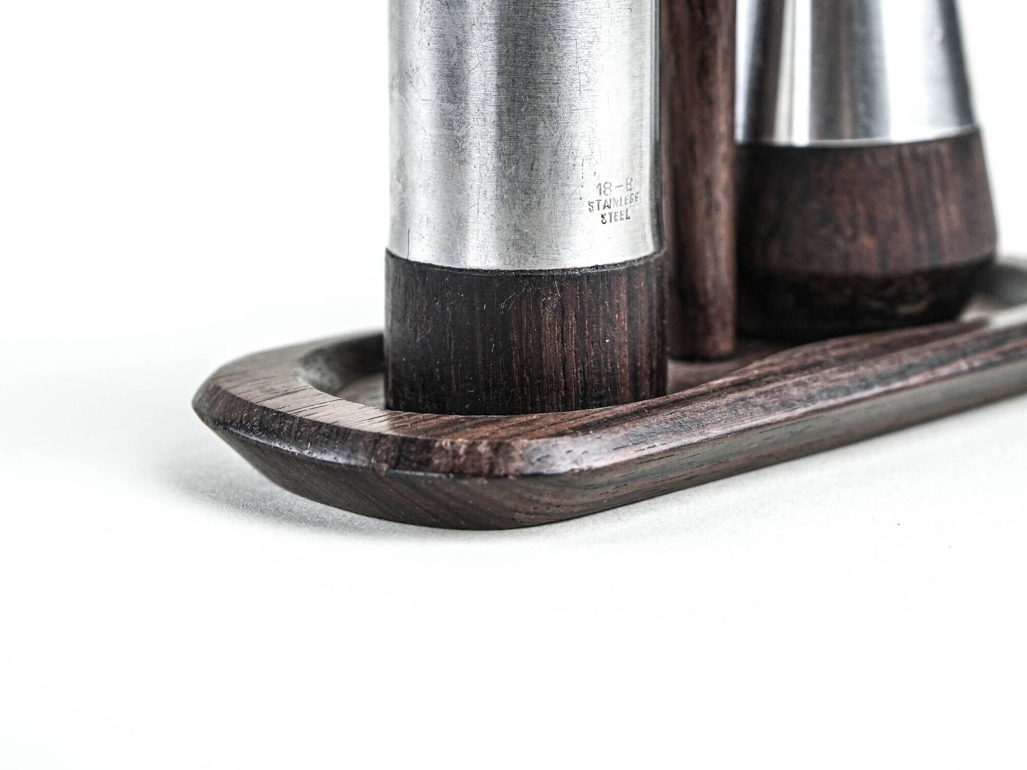 Danish salt and pepper set in wood and steel with tray, 1970s